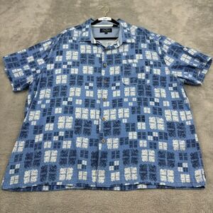 Nat Nast Silk Blend Button Up Shirt Mens XXL Blue Aztec Rockabilly Hawaii Aloha